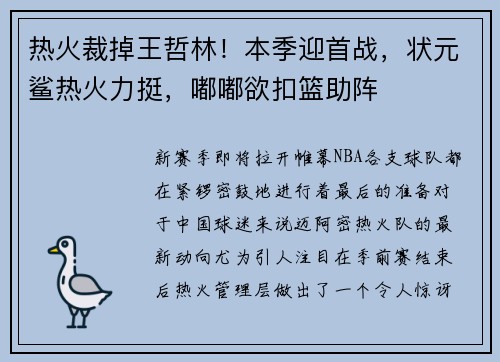 热火裁掉王哲林！本季迎首战，状元鲨热火力挺，嘟嘟欲扣篮助阵